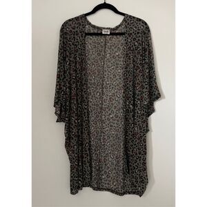 Leopard Print Kimono Cardigan Womens One Size Green Sheer Boho Festival Cover Up